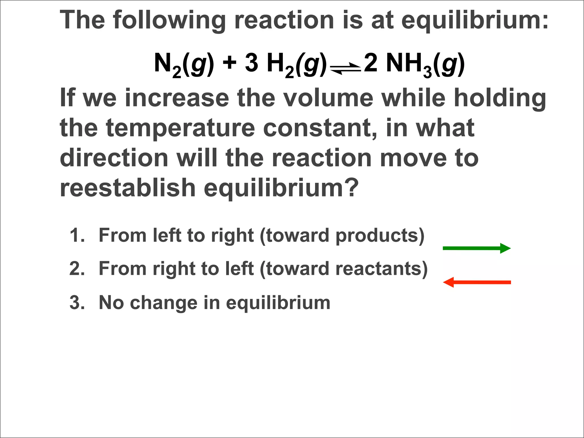 The following reaction is at equilibrium:
        N2(g) + 3 H2(g) 2 NH3(g)
If we increase the volume while holding
the temperature constant, in what
direction will the reaction move to
reestablish equilibrium?
1. From left to right (toward products)
2. From right to left (toward reactants)
3. No change in equilibrium
 