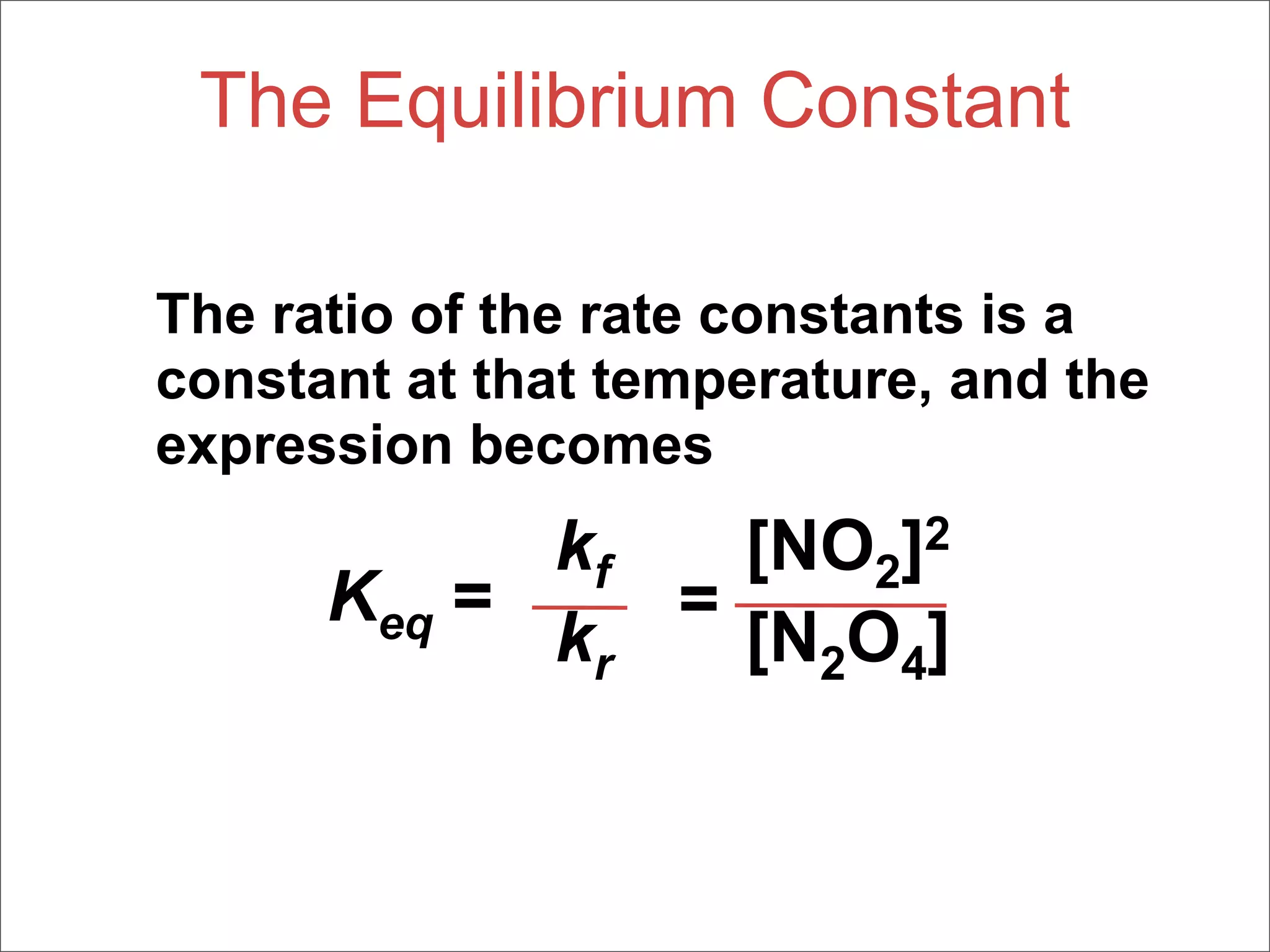 The Equilibrium Constant

The ratio of the rate constants is a
constant at that temperature, and the
expression becomes
            kf   [NO2]2
      Keq =    =
            kr   [N2O4]
 