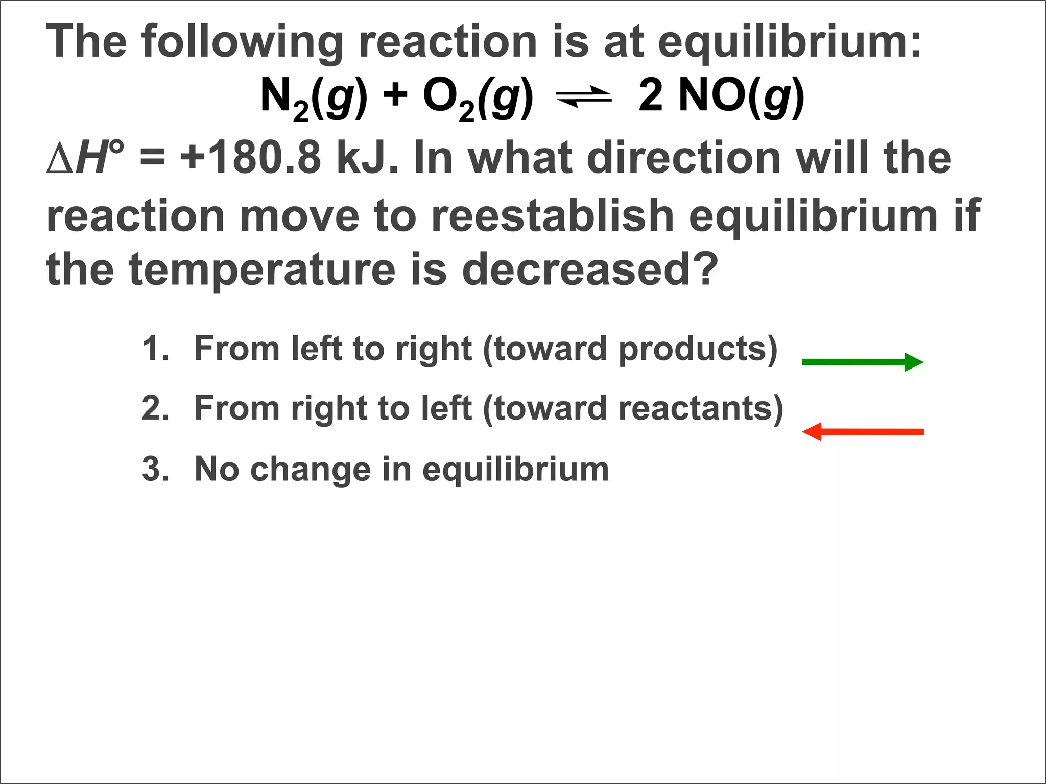 The following reaction is at equilibrium:
          N2(g) + O2(g)     2 NO(g)
ΔH° = +180.8 kJ. In what direction will the
reaction move to reestablish equilibrium if
the temperature is decreased?
    1. From left to right (toward products)
    2. From right to left (toward reactants)
    3. No change in equilibrium
 