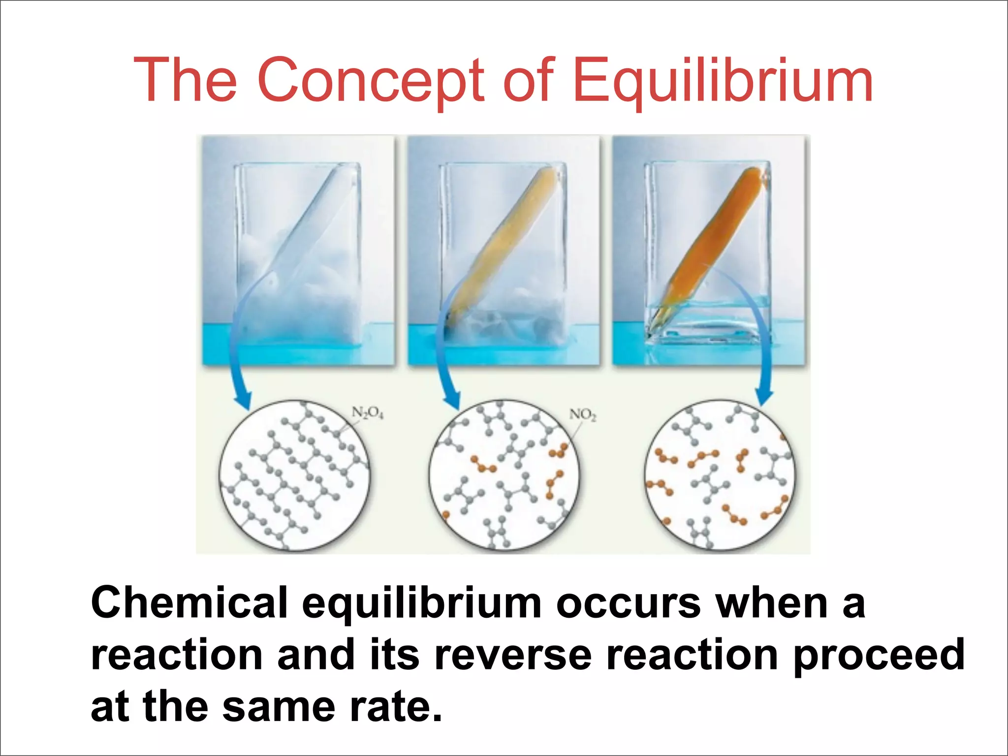 The Concept of Equilibrium




Chemical equilibrium occurs when a
reaction and its reverse reaction proceed
at the same rate.
 