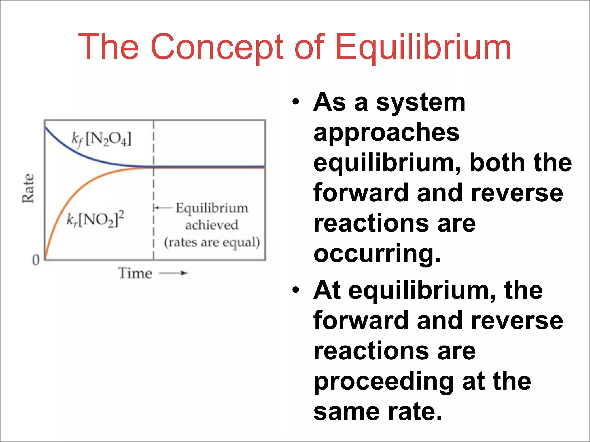 The Concept of Equilibrium
            • As a system
              approaches
              equilibrium, both the
              forward and reverse
              reactions are
              occurring.
            • At equilibrium, the
              forward and reverse
              reactions are
              proceeding at the
              same rate.
 