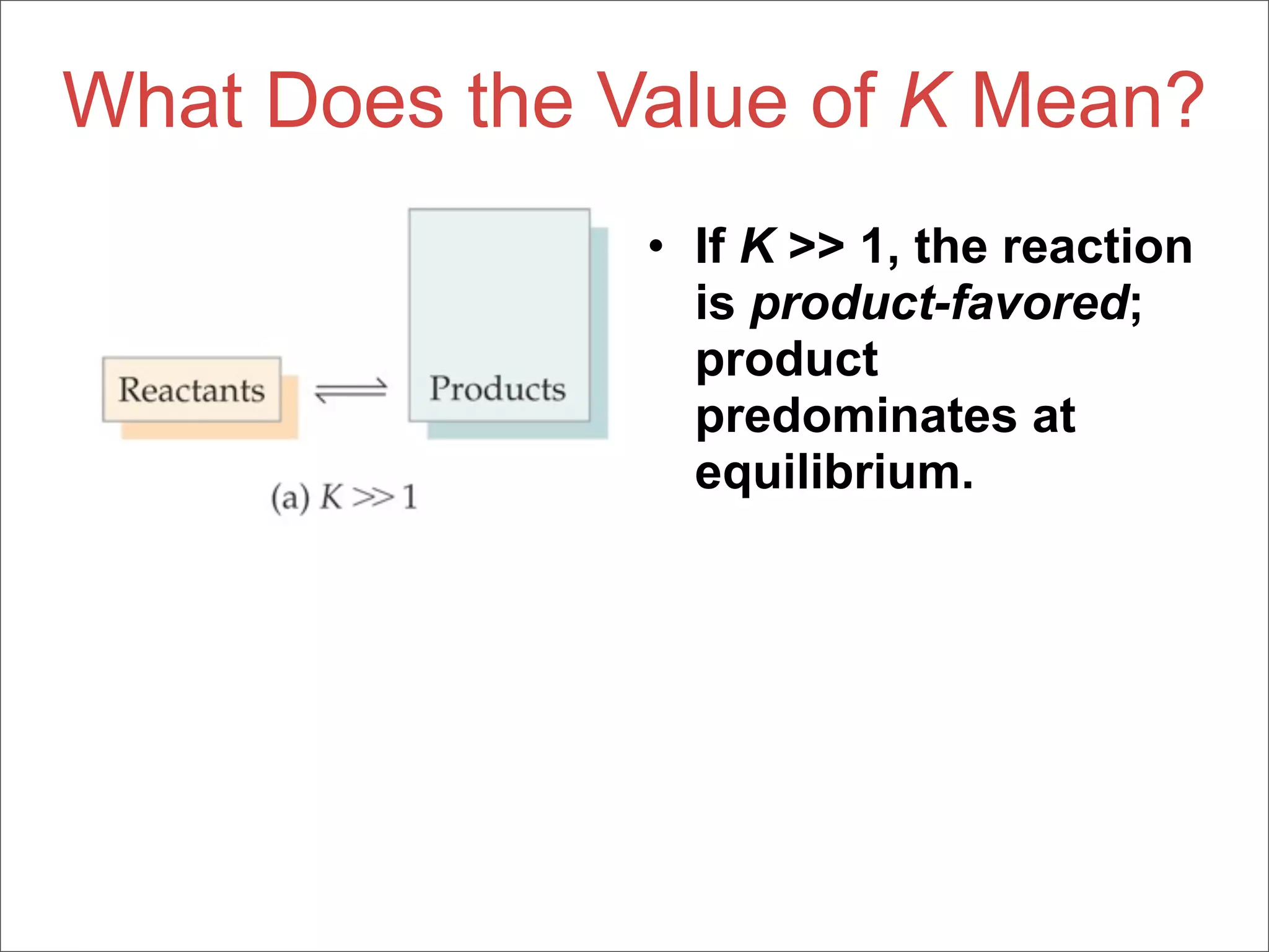 What Does the Value of K Mean?
               • If K >> 1, the reaction
                 is product-favored;
                 product
                 predominates at
                 equilibrium.
 