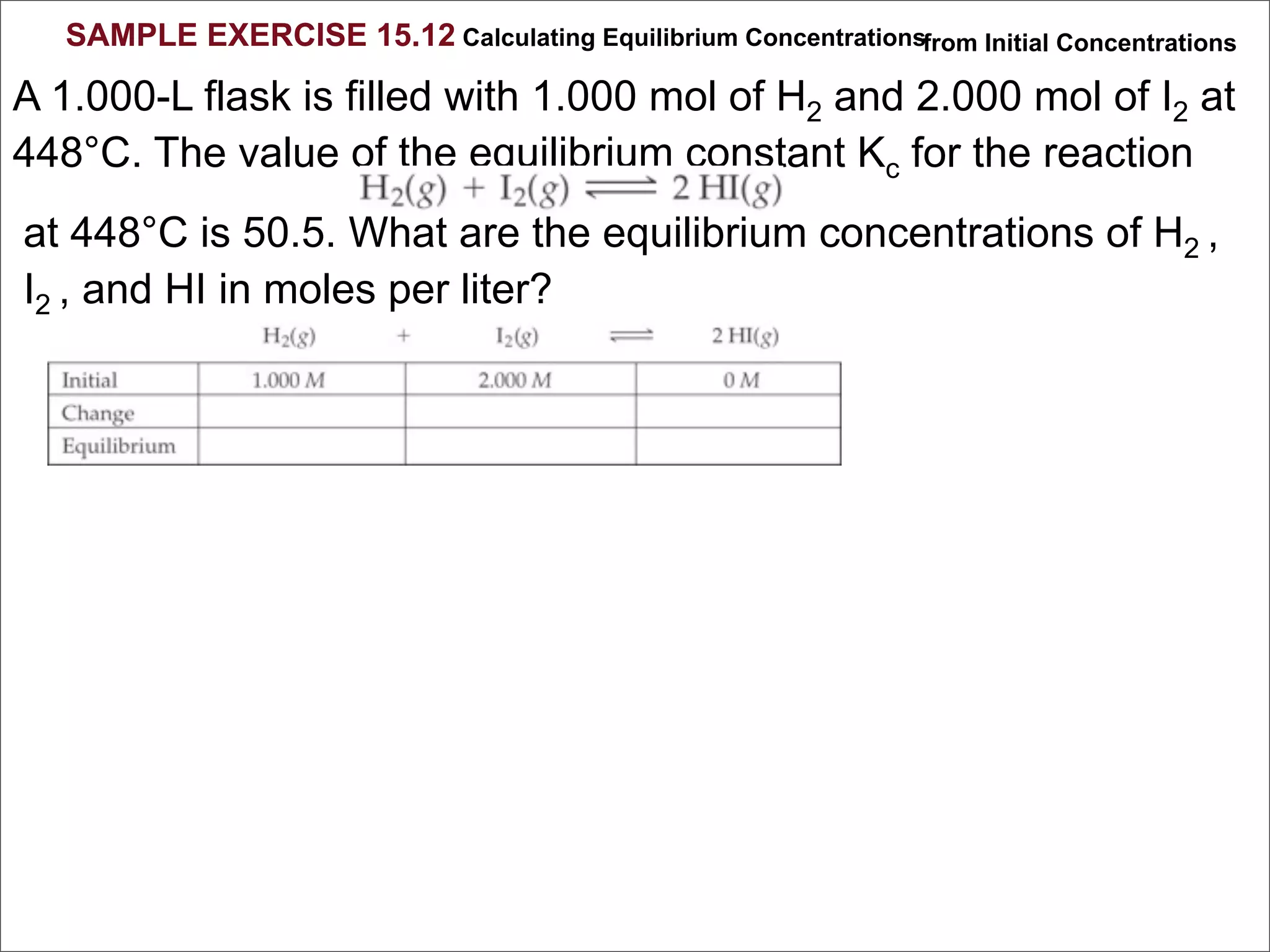 SAMPLE EXERCISE 15.12 Calculating Equilibrium Concentrationsfrom Initial Concentrations

A 1.000-L flask is filled with 1.000 mol of H2 and 2.000 mol of I2 at
448°C. The value of the equilibrium constant Kc for the reaction
at 448°C is 50.5. What are the equilibrium concentrations of H2 ,
I2 , and HI in moles per liter?
 