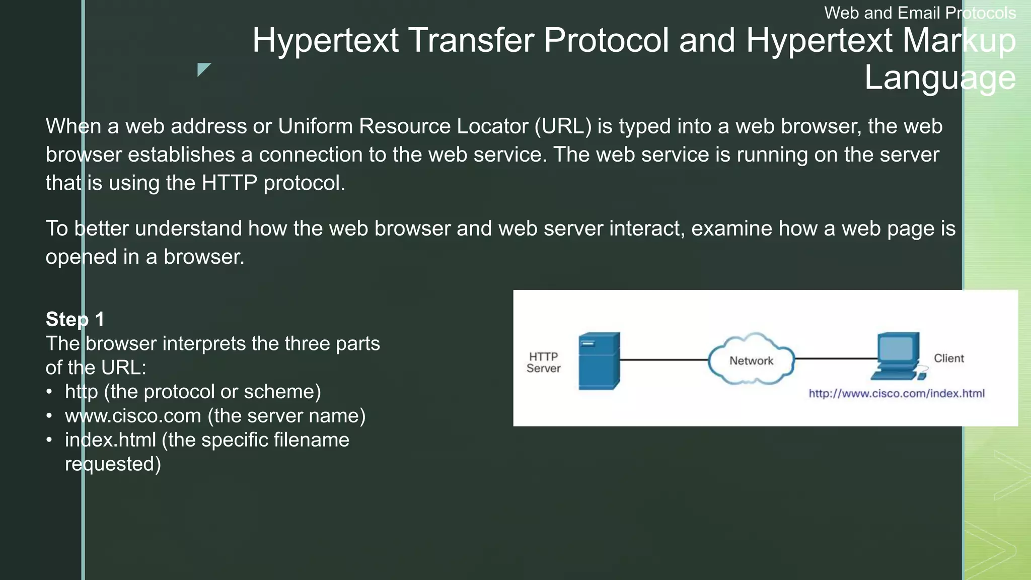 z
Web and Email Protocols
Hypertext Transfer Protocol and Hypertext Markup
Language
When a web address or Uniform Resource Locator (URL) is typed into a web browser, the web
browser establishes a connection to the web service. The web service is running on the server
that is using the HTTP protocol.
To better understand how the web browser and web server interact, examine how a web page is
opened in a browser.
Step 1
The browser interprets the three parts
of the URL:
• http (the protocol or scheme)
• www.cisco.com (the server name)
• index.html (the specific filename
requested)
 