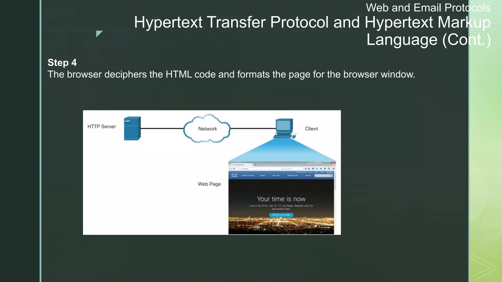 z
Web and Email Protocols
Hypertext Transfer Protocol and Hypertext Markup
Language (Cont.)
Step 4
The browser deciphers the HTML code and formats the page for the browser window.
 