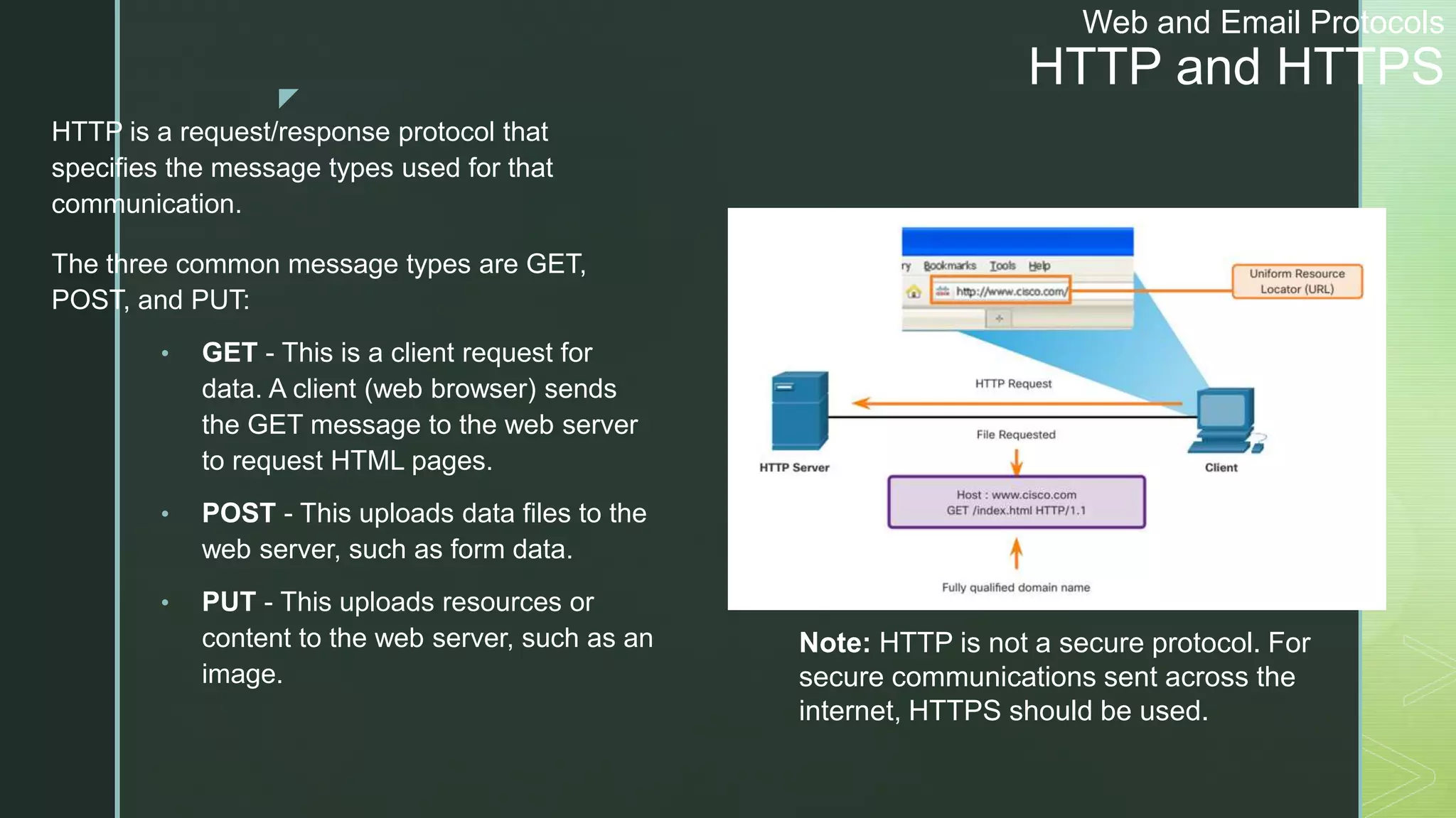 z
Web and Email Protocols
HTTP and HTTPS
HTTP is a request/response protocol that
specifies the message types used for that
communication.
The three common message types are GET,
POST, and PUT:
• GET - This is a client request for
data. A client (web browser) sends
the GET message to the web server
to request HTML pages.
• POST - This uploads data files to the
web server, such as form data.
• PUT - This uploads resources or
content to the web server, such as an
image.
Note: HTTP is not a secure protocol. For
secure communications sent across the
internet, HTTPS should be used.
 