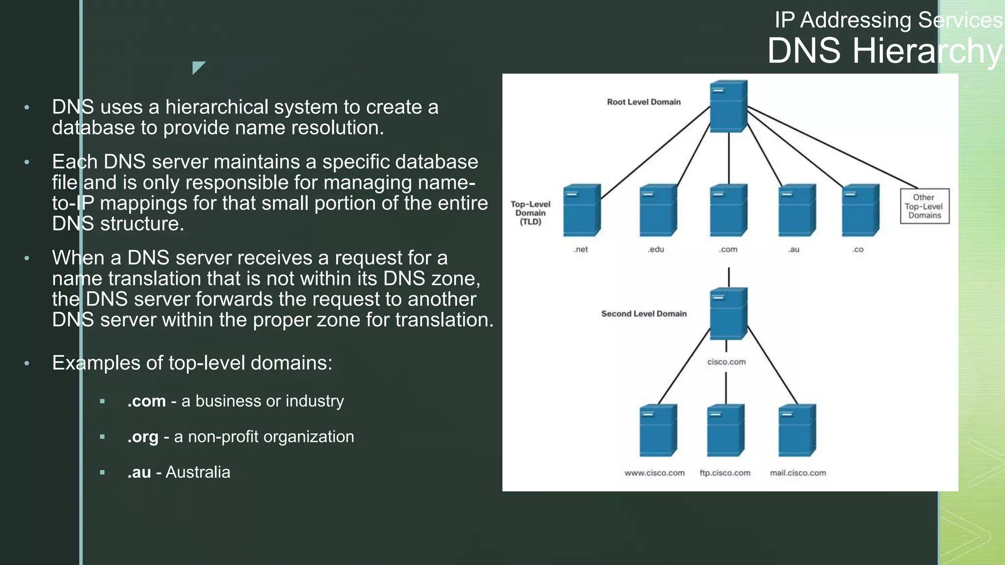 z
IP Addressing Services
DNS Hierarchy
• DNS uses a hierarchical system to create a
database to provide name resolution.
• Each DNS server maintains a specific database
file and is only responsible for managing name-
to-IP mappings for that small portion of the entire
DNS structure.
• When a DNS server receives a request for a
name translation that is not within its DNS zone,
the DNS server forwards the request to another
DNS server within the proper zone for translation.
• Examples of top-level domains:
 .com - a business or industry
 .org - a non-profit organization
 .au - Australia
 