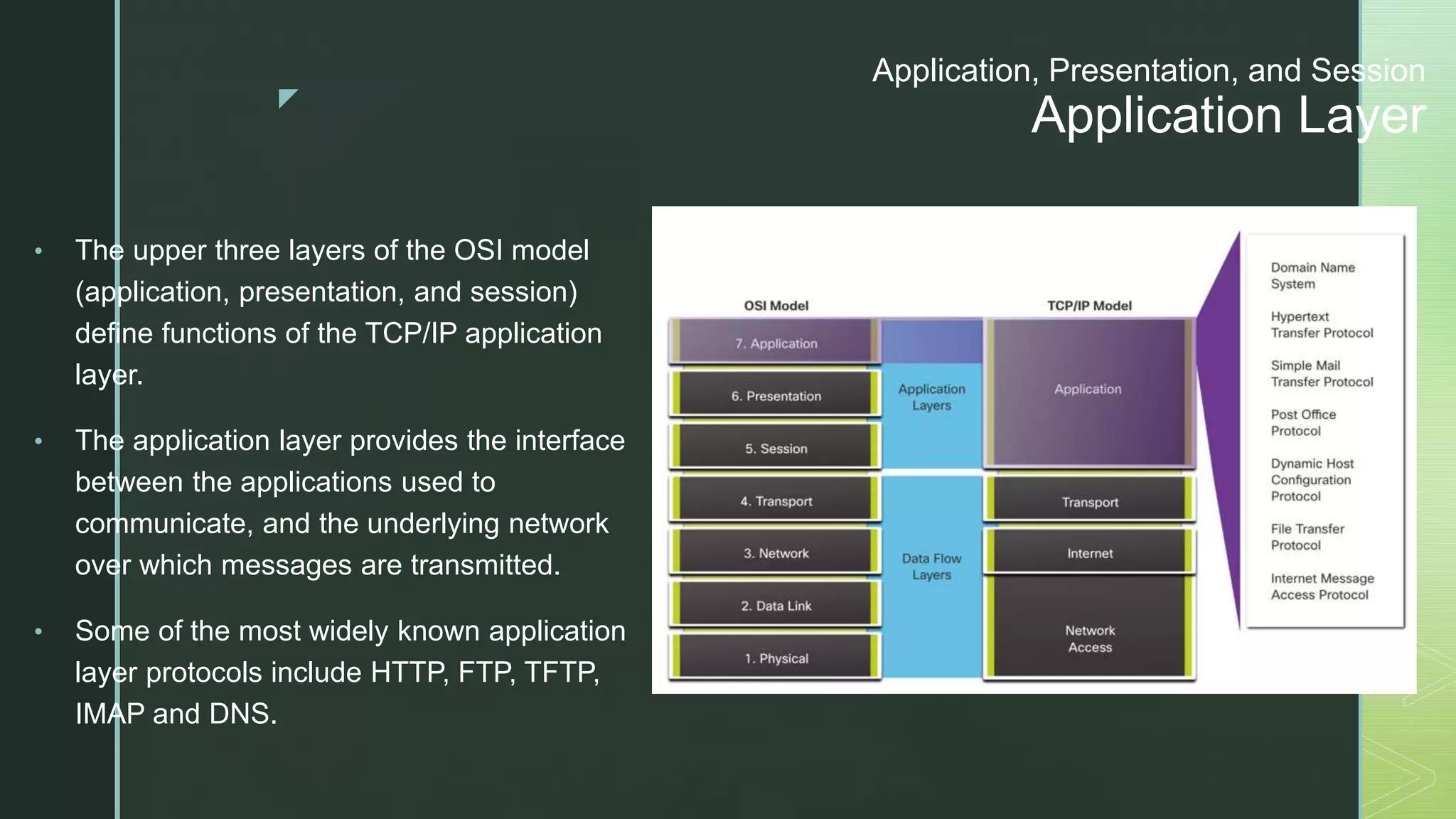 z
Application, Presentation, and Session
Application Layer
• The upper three layers of the OSI model
(application, presentation, and session)
define functions of the TCP/IP application
layer.
• The application layer provides the interface
between the applications used to
communicate, and the underlying network
over which messages are transmitted.
• Some of the most widely known application
layer protocols include HTTP, FTP, TFTP,
IMAP and DNS.
 