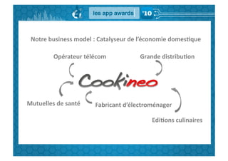 Notre	
  business	
  model	
  :	
  Catalyseur	
  de	
  l’économie	
  domes,que	
  

               Opérateur	
  télécom	
                  Grande	
  distribu,on	
  	
  




Mutuelles	
  de	
  santé	
  	
     Fabricant	
  d’électroménager	
  	
  

                                                             Edi,ons	
  culinaires	
  	
  	
  
 