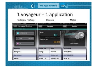  	
  	
  	
  	
  	
  1	
  voyageur	
  =	
  1	
  applicaGon	
  
      Horloges/ Prefixes            Devises                 Meteo
 