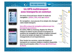 Un GPS multitransport
 avec transports en commun
Un menu d’accueil pour choisir le mode de
navigation : piéton, vélo, moto ou voiture

En navigation, vous pouvez d’un simple clic changer
votre mode transport.

Une offre unique de navigation piétonne par les
transports en commun.
En métro, RER ou tramway, Kapten for iPhone
indique la station la plus proche et propose un
système de navigation de station à station incluant
le calcul du temps de trajet et l’indication des
changements et correspondances.

Pour toutes les versions, calcul de trajets en
transports en commun (station à station) disponible
dans les principales villes d’Europe et d’Amérique
du Nord.
 