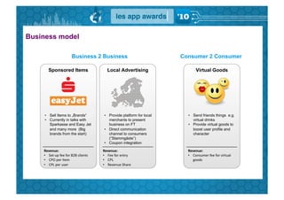 Business model

                                 Business 2 Business                                   Consumer 2 Consumer

        Sponsored Items                                  Local Advertising                      Virtual Goods




     •  Sell Items to „Brands“                         •  Provide platform for local     •  Send friends things e.g.
     •  Currently in talks with                           merchants to present              virtual drinks
        Sparkasse and Easy Jet                            business on FT                 •  Provide virtual goods to
        and many more (Big                             •  Direct communication              boost user profile and
        brands from the start)                            channel to consumers              character
                                                          (“Stammgäste”)
                                                       •  Coupon integration

    Revenue:	
                                        Revenue:	
                         Revenue:	
  
    •  Set-­‐up	
  fee	
  for	
  B2B	
  clients	
     •  Fee	
  for	
  entry	
           •  Consumer	
  fee	
  for	
  virtual	
  
    •  CPO	
  per	
  Item	
                           •  CPL	
  	
  	
                      goods	
  
    •  CPL	
  per	
  user	
                           •  Revenue	
  Share	
  
 