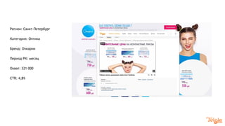 Регион: Санкт-Петербург
Категория: Оптика
Бренд: Очкарик
Период РК: месяц
Охват: 321 000
CTR: 4,8%
 