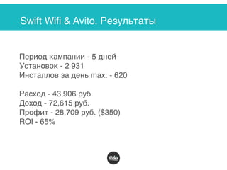 Swift Wifi & Avito. Результаты
Период кампании - 5 дней
Установок - 2 931
Инсталлов за день max. - 620
Расход - 43,906 руб.
Доход - 72,615 руб.
Профит - 28,709 руб. ($350)
ROI - 65%
 