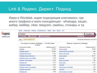 Link & Яндекс. Директ. Подход
Идем в Wordstat, ищем подходящие ключевики, где
много трафика и мало конкуренции - whatsapp, вацап,
вибер, вайбер, viber, telegram, смайлы, стикеры и тд
 