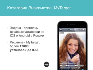 Категория Знакомства, MyTarget
• Задача - привлечь
дешёвые установки на
IOS и Android в России
• Решение - MyTarget,
более 17000
установок до 0.5$
 