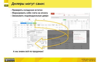 А мы знаем всѐ по продажам!
Дилеры могут сами:
- Проверять складские остатки
- Формировать себе счета на оплату
- Заказывать индивидуальные двери
 