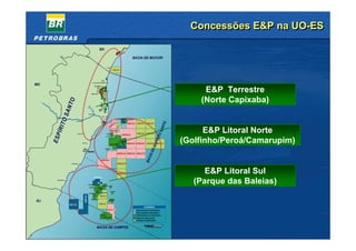 Concessões E&P na UO-ES




         E&P Terrestre
        (Norte Capixaba)


          E&P Litoral Norte
    (Golfinho/Peroá/Camarupim)


          E&P Litoral Sul
       (Parque das Baleias)




2
 