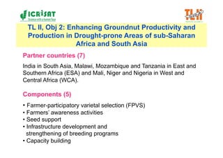 TL II, Obj 2: Enhancing Groundnut Productivity and
 Production in Drought-prone Areas of sub-Saharan
                 Africa and South Asia
Partner countries (7)
India in South Asia, Malawi, Mozambique and Tanzania in East and
Southern Africa (ESA) and Mali, Niger and Nigeria in West and
Central Africa (WCA).

Components (5)
•  Farmer-participatory varietal selection (FPVS)
•  Farmers’ awareness activities
•  Seed support
•  Infrastructure development and
  strengthening of breeding programs
•  Capacity building
 