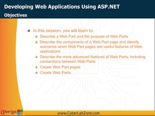Developing Web Applications Using ASP.NET
In this session, you will learn to:
Describe a Web Part and the purpose of Web Parts
Describe the components of a Web Part page and identify
scenarios when Web Part pages are useful features of Web
applications
Describe the more advanced features of Web Parts, including
connections between Web Parts
Create Web Part pages
Create Web Parts
Objectives
 