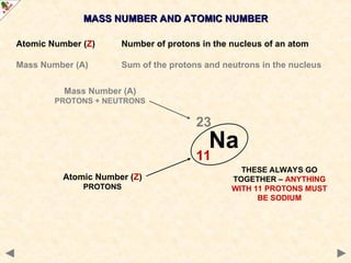 MASS NUMBER AND ATOMIC NUMBER
MASS NUMBER AND ATOMIC NUMBER
Atomic Number (Z) Number of protons in the nucleus of an atom
Mass Number (A) Sum of the protons and neutrons in the nucleus
Na
23
11
Mass Number (A)
PROTONS + NEUTRONS
Atomic Number (Z)
PROTONS
THESE ALWAYS GO
TOGETHER – ANYTHING
WITH 11 PROTONS MUST
BE SODIUM
 