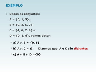 EXEMPLO
 Dados os conjuntos:
A = {0, 1, 5},
B = {0, 2, 5, 7},
C = {4, 6, 7, 9} e
D = {0, 1, 6}, vamos obter:
 a) A ∩ B = {0, 5}
 b) A ∩ C = Ø Dizemos que A e C são disjuntos
 c) A ∩ B ∩ D ={0}
 