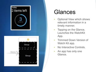 Glances
• Optional View which shows
relevant information in a
timely manner.
• Tapping on the Glance,
Launches the WatchKit
App.
• Trimmed Down Version of
Watch Kit app.
• No Interactive Controls.
• An app has only one
Glance.
 