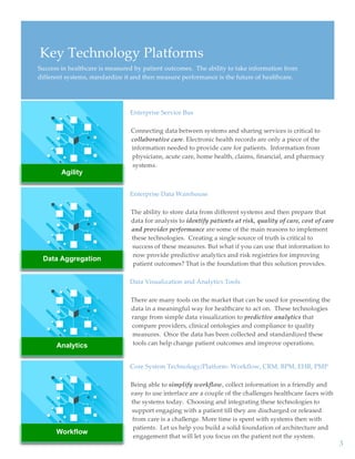  
3  
  
Enterprise  Service  Bus  
Connecting  data  between  systems  and  sharing  services  is  critical  to  
collaborative  care.  Electronic  health  records  are  only  a  piece  of  the  
information  needed  to  provide  care  for  patients.    Information  from  
physicians,  acute  care,  home  health,  claims,  financial,  and  pharmacy  
systems.    
Enterprise  Data  Warehouse  
The  ability  to  store  data  from  different  systems  and  then  prepare  that  
data  for  analysis  to  identify  patients  at  risk,  quality  of  care,  cost  of  care  
and  provider  performance  are  some  of  the  main  reasons  to  implement  
these  technologies.    Creating  a  single  source  of  truth  is  critical  to  
success  of  these  measures.  But  what  if  you  can  use  that  information  to  
now  provide  predictive  analytics  and  risk  registries  for  improving  
patient  outcomes?  That  is  the  foundation  that  this  solution  provides.    
Data  Visualization  and  Analytics  Tools  
There  are  many  tools  on  the  market  that  can  be  used  for  presenting  the  
data  in  a  meaningful  way  for  healthcare  to  act  on.    These  technologies  
range  from  simple  data  visualization  to  predictive  analytics  that  
compare  providers,  clinical  ontologies  and  compliance  to  quality  
measures.    Once  the  data  has  been  collected  and  standardized  these  
tools  can  help  change  patient  outcomes  and  improve  operations.  
Core  System  Technology/Platform-­‐‑  Workflow,  CRM,  BPM,  EHR,  PMP  
Being  able  to  simplify  workflow,  collect  information  in  a  friendly  and  
easy  to  use  interface  are  a  couple  of  the  challenges  healthcare  faces  with  
the  systems  today.    Choosing  and  integrating  these  technologies  to  
support  engaging  with  a  patient  till  they  are  discharged  or  released  
from  care  is  a  challenge.  More  time  is  spent  with  systems  then  with  
patients.    Let  us  help  you  build  a  solid  foundation  of  architecture  and  
engagement  that  will  let  you  focus  on  the  patient  not  the  system.  
Key  Technology  Platforms  
Success  in  healthcare  is  measured  by  patient  outcomes.    The  ability  to  take  information  from  
different  systems,  standardize  it  and  then  measure  performance  is  the  future  of  healthcare.  
Analytics
Agility
Data Aggregation
Workflow
 