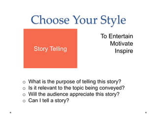 Choose Your Style
To Entertain
Motivate
Inspire
o What is the purpose of telling this story?
o Is it relevant to the topic being conveyed?
o Will the audience appreciate this story?
o Can I tell a story?
Story Telling
 
