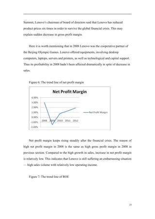Summit, Lenovo’s chairman of board of directors said that Lenovo has reduced
product prices six times in order to survive the global financial crisis. This may
explain sudden decrease in gross profit margin.
Here it is worth mentioning that in 2008 Lenovo was the cooperative partner of
the Beijing Olympic Games. Lenovo offered equipments, involving desktop
computers, laptops, servers and printers, as well as technological and capital support.
Thus its profitability in 2008 hadn’t been affected dramatically in spite of decrease in
sales.
Figure 6: The trend line of net profit margin
Net profit margin keeps rising steadily after the financial crisis. The reason of
high net profit margin in 2008 is the same as high gross profit margin in 2008 in
previous section. Compared to the high growth in sales, increase in net profit margin
is relatively low. This indicates that Lenovo is still suffering an embarrassing situation
— high sales volume with relatively low operating income.
Figure 7: The trend line of ROE
23
 