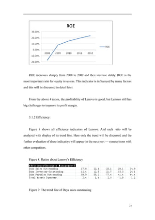 ROE increases sharply from 2008 to 2009 and then increase stably. ROE is the
most important ratio for equity investors. This indicator is influenced by many factors
and this will be discussed in detail later.
From the above 4 ratios, the profitability of Lenovo is good, but Lenovo still has
big challenges to improve its profit margin.
3.1.2 Efficiency:
Figure 8 shows all efficiency indicators of Lenovo. And each ratio will be
analyzed with display of its trend line. Here only the trend will be discussed and the
further evaluation of these indicators will appear in the next part — comparisons with
other competitors.
Figure 8: Ratios about Lenovo’s Efficiency
Figure 9: The trend line of Days sales outstanding
24
 