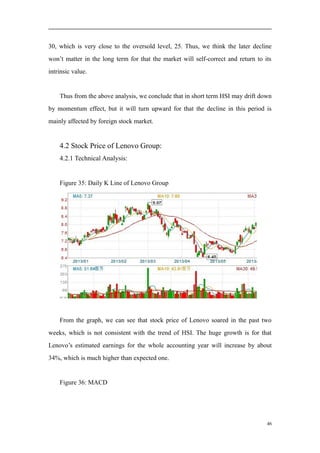 30, which is very close to the oversold level, 25. Thus, we think the later decline
won’t matter in the long term for that the market will self-correct and return to its
intrinsic value.
Thus from the above analysis, we conclude that in short term HSI may drift down
by momentum effect, but it will turn upward for that the decline in this period is
mainly affected by foreign stock market.
4.2 Stock Price of Lenovo Group:
4.2.1 Technical Analysis:
Figure 35: Daily K Line of Lenovo Group
From the graph, we can see that stock price of Lenovo soared in the past two
weeks, which is not consistent with the trend of HSI. The huge growth is for that
Lenovo’s estimated earnings for the whole accounting year will increase by about
34%, which is much higher than expected one.
Figure 36: MACD
46
 