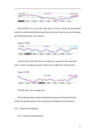 From MACD, we can see that stock price of Lenovo Group has kept upward
trend for a certain period. But the spread between the two lines shows sign of decrease
and “death intersection” may come up.
Figure 37: KDJ
All the K line, D line and J line is at a high level, around 88. This means that
Lenovo stock is overbuying in terms of short-term, middle-term and long-term.
Figure 38: PSY
The PSY line is also at a high level.
Thus combining above analysis and bad performances of international stock
market, the upward trend of Lenovo Group may be changed in the near future.
4.2.2 Stock Price Prediction:
4.2.2.1 Intrinsic Value Prediction:
47
 