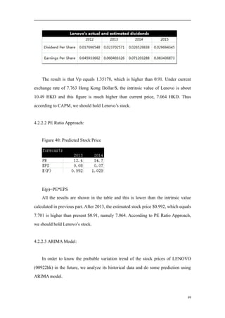 The result is that Vp equals 1.35178, which is higher than 0.91. Under current
exchange rate of 7.763 Hong Kong Dollar/$, the intrinsic value of Lenovo is about
10.49 HKD and this figure is much higher than current price, 7.064 HKD. Thus
according to CAPM, we should hold Lenovo’s stock.
4.2.2.2 PE Ratio Approach:
Figure 40: Predicted Stock Price
E(p)=PE*EPS
All the results are shown in the table and this is lower than the intrinsic value
calculated in previous part. After 2013, the estimated stock price $0.992, which equals
7.701 is higher than present $0.91, namely 7.064. According to PE Ratio Approach,
we should hold Lenovo’s stock.
4.2.2.3 ARIMA Model:
In order to know the probable variation trend of the stock prices of LENOVO
(00922hk) in the future, we analyze its historical data and do some prediction using
ARIMA model.
49
 