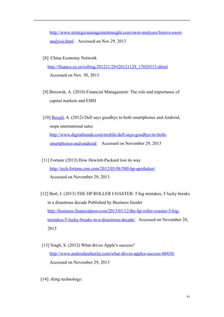 http://www.strategicmanagementinsight.com/swot-analyses/lenovo-swot-
analysis.html Accessed on Nov.29, 2013
[8]: China Economy Network
http://finance.ce.cn/rolling/201211/29/t20121129_17020315.shtml
Accessed on Nov. 30, 2013
[9] Borowsk, A. (2010) Financial Management: The role and importance of
capital markets and EMH
[10] Boxall, A. (2012) Dell says goodbye to both smartphones and Android,
stops international sales
http://www.digitaltrends.com/mobile/dell-says-goodbye-to-both-
smartphones-and-android/ Accessed on November 29, 2013
[11] Fortune (2012) How Hewlett-Packard lost its way
http://tech.fortune.cnn.com/2012/05/08/500-hp-apotheker/
Accessed on November 29, 2013
[12] Bort, J. (2013) THE HP ROLLER COASTER: 5 big mistakes, 5 lucky breaks
in a disastrous decade Published by Business Insider
http://business.financialpost.com/2013/01/12/the-hp-roller-coaster-5-big-
mistakes-5-lucky-breaks-in-a-disastrous-decade/ Accessed on November 28,
2013
[13] Singh, S. (2012) What drives Apple’s success?
http://www.androidauthority.com/what-drives-apples-success-80438/
Accessed on November 29, 2013
[14]: ifeng technology:
61
 