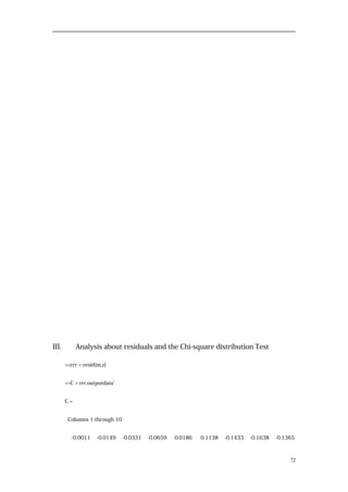 III. Analysis about residuals and the Chi-square distribution Test
>>rrr = resid(m,z)
>>C = rrr.outputdata’
C =
Columns 1 through 10
-0.0011 -0.0149 -0.0331 -0.0659 -0.0186 0.1138 -0.1433 -0.1638 -0.1365
72
 