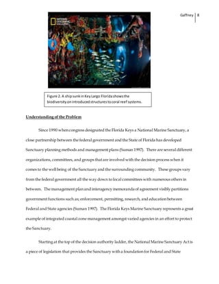 Gaffney 8
Understanding of the Problem
Since 1990 when congress designated the Florida Keys a National Marine Sanctuary, a
close partnership between the federal government and the State of Florida has developed
Sanctuary planning methods and management plans (Suman 1997). There are several different
organizations, committees, and groups thatare involved with the decision process when it
comes to the well being of the Sanctuary and the surrounding community. These groups vary
from the federal government all the way down to local committees with numerous others in
between. The management plan and interagency memoranda of agreement visibly partitions
government functions such as; enforcement, permitting, research, and education between
Federal and State agencies (Suman 1997). The Florida Keys Marine Sanctuary represents a great
example of integrated coastal zone management amongst varied agencies in an effort to protect
the Sanctuary.
Starting at the top of the decision authority ladder, the National Marine Sanctuary Actis
a piece of legislation that provides the Sanctuary with a foundation for Federal and State
Figure 2. A shipsunkinKeyLargo Floridashowsthe
biodiversityonintroducedstructurestocoral reef systems.
 