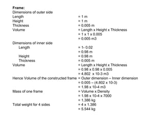 Frame:
Dimensions of outer side
Length = 1 m
Height = 1 m
Thickness = 0.005 m
Volume = Length x Height x Thickness
= 1 x 1 x 0.005
= 0.005 m3
Dimensions of inner side
Length = 1- 0.02
= 0.98 m
Height = 0.98 m
Thickness = 0.005 m
Volume = Length x Height x Thickness
= 0.98 x 0.98 x 0.005
= 4.802 x 10-3 m3
Hence Volume of the constructed frame = Outer dimension – Inner dimension
= 0.005 – (4.802 x 10-3)
= 1.98 x 10-4 m3
Mass of one frame = Volume x Density
= 1.98 x 10-4 x 7000
= 1.386 kg
Total weight for 4 sides = 4 x 1.386
= 5.544 kg
 