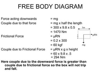 FREE BODY DIAGRAM
Force acting downwards = mg
Couple due to that force = mg x half the length
= 300 x 9.8 x 0.5
= 1470 Nm
Frictional Force = µRN
= 0.2 x 300
= 60 kgf
Couple due to Frictional Force = µRN x g x height
= 60 x 9.8 x .5
= 294 Nm
Here couple due to the downward force is greater than
couple due to frictional force so the box will not trip
and fall.
 