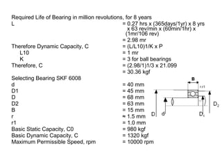 Required Life of Bearing in million revolutions, for 8 years
L = 0.27 hrs x (365days/1yr) x 8 yrs
x 63 rev/min x (60min/1hr) x
(1mr/106 rev)
= 2.98 mr
Therefore Dynamic Capacity, C = (L/L10)1/K x P
L10 = 1 mr
K = 3 for ball bearings
Therefore, C = (2.98/1)1/3 x 21.099
= 30.36 kgf
Selecting Bearing SKF 6008
d = 40 mm
D1 = 45 mm
D = 68 mm
D2 = 63 mm
B = 15 mm
r ≈ 1.5 mm
r1 = 1.0 mm
Basic Static Capacity, C0 = 980 kgf
Basic Dynamic Capacity, C = 1320 kgf
Maximum Permissible Speed, rpm = 10000 rpm
 