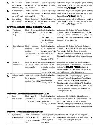 4. Far East Coker
Replacement of
Withdrawal Tray
Client :- Exxon Mobil
Refinery Baton Rouge
Louisianan US.
Detailed Engineering of
Revamp job of Existing
Plant
Worked as a Designer for Piping & Equipment modeling
of And Preparing Isometric and MPS with help of Laser
Scanned Data (LFM Server) with PDS
5. OXO Tankfield H2
Mitigation in
Alchohol Project
Client :- Exxon Mobil
Refinery Baton Rouge
Louisianan US.
Detailed Engineering of
Revamp job of Existing
Plant
Worked as a Designer for Piping & Equipment modeling
of And Preparing Isometric and MPS with help of Laser
Scanned Data (LFM Server) with PDS
7. Seal Leg Liner
Replace Project
Client :- Exxon Mobil
Refinery Baton Rouge
Louisianan US.
Detailed Engineering of
Revamp job of Existing
Plant
Worked as a Designer for Piping & Equipment modeling
of And Preparing Isometric and MPS with help of Laser
Scanned Data (LFM Server) with PDS
COMPANY: - CHEMTEX GLOBAL ENGINEERS PVT. LTD.
1. Fractionator
Expansion
Project
Client:- . Oneok Location
: Bushton Kansas
Detailed engineering
Job for Fractional
distillation of
hydrocarbon from
Natural Gas Liquids
Capacity – 50 TPD
Worked as a PDS Designer for Piping & Equipment
modeling of Vessel, Exchanger, Pump, Rack, Support
Modeling from PELICAN FORGE Software, & Isometric
Extraction, updating Model with latest P&ID making &
implementing the changes, etc.
2. Sulphur Recovery
Unit
Client:- . Hindustan
Petroleum Corp. Ltd.
Location
Visakhapatnam, (A. P.)
India
Detailed engineering
Job for controlling the
discharge level of sulfur
compounds to the
atmosphere
Capacity –65 TPD
Worked as a PDS Designer for Piping & Equipment
modeling of Column, Vessel, Exchanger, Pump, Rack,
Placing Logical & physical Support & Isometric
Extraction, updating Model with latest P&ID making &
Orthographic production with help of Drawing Manager
etc.
3. Benzene
Reduction Unit
Client:- Murphy Oil USA
Inc. Location : Merax,
Louisiana, USA
Detailed engineering
Job for reducing the
amount Benzene from
Gasoline
Capacity –27000 BPD
Worked as a PDS Designer for Piping & Equipment
modeling of Vessel, Exchanger, Pump, Rack, Support
Modeling from PELICAN FORGE Software, &
Isometric Extraction, updating Model with latest P&ID
making & implementing the changes, etc.
4. Cellulose Acetate
Plant
Client:- Sichuan Acetate
Corporation Ltd.
Location : Yibin (China)
Detailed engineering
job of extracting
Cellulose Acetate
Capacity –30,000 TPA
Worked as a PDS Designer for Piping & Equipment
modeling of Vessel, Exchanger, Pump, Rack, Placing
Logical, physical & Special Support, & Isometric
Extraction, updating Model with latest P&ID making &
implementing the changes, Orthographic production with
help of PDS Drawing Manager, PDS Plantwave etc.
Checking Isometric etc.
COMPANY: - JACOBS ENGINEERING INDIA PVT. LTD.
1.
Diesel
Dehydrotreater
Client:- Indian Oil
Corporation Ltd.
Location : Baroda India
Detailed engineering
Job of extracting Diesel
Dehydrotreting,
Capacity - 2.2 MMTPA
Worked as a PDS Modeler for Piping & Equipment
modeling of Column, Vessel, Exchanger, Pump, Rack,
Placing Logical & physical Support & Isometric
Extraction, updating Model with latest P&ID making &
Orthographic production with help of Drawing Manager
etc.
COMPANY :- TOYO ENGINEERING INDIA LTD.
1. Hydrocarbon
Processing Plant
Client:- Oil and Natural
Gas Corporation Ltd.
Location : Dahej, Gujrat
India
Detailed engineering job
of extracting C2, C3 &
C4 from Liquefied
Natural Gas
Worked as a PDS Draughtsman for Piping and
Equipment modeling Sphere Tank, Bullet, Vessel, Drum,
Pump Suction Discharge, Column, etc.
 