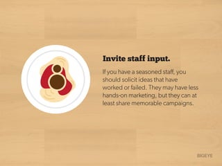 Invite staff input.
If you have a seasoned staﬀ, you
should solicit ideas that have
worked or failed. They may have less
hands-on marketing, but they can at
least share memorable campaigns.
 