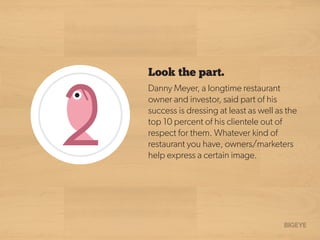 Look the part.
Danny Meyer, a longtime restaurant
owner and investor, said part of his
success is dressing at least as well as the
top 10 percent of his clientele out of
respect for them. Whatever kind of
restaurant you have, owners/marketers
help express a certain image.
 