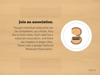 Join an association.
Though individual restaurants can
be competitive, as a whole, they
like to share ideas. Each state has a
restaurant association, and there
are chapters in larger cities.
There’s also a greater National
Restaurant Association.
 