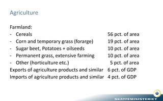 Agriculture
Farmland:
- Cereals 56 pct. of area
- Corn and temporary grass (forarge) 19 pct. of area
- Sugar beet, Potatoe...