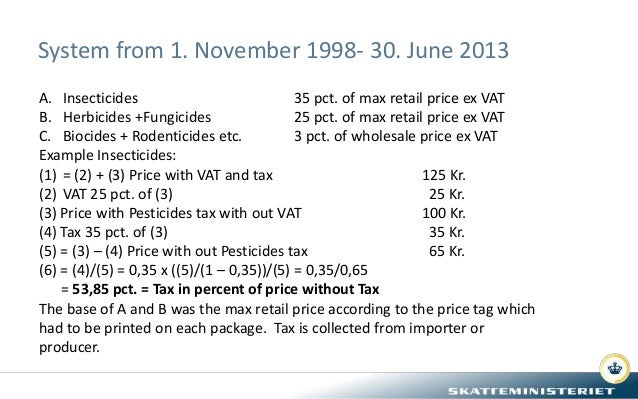 System from 1. November 1998- 30. June 2013
A. Insecticides 35 pct. of max retail price ex VAT
B. Herbicides +Fungicides 2...