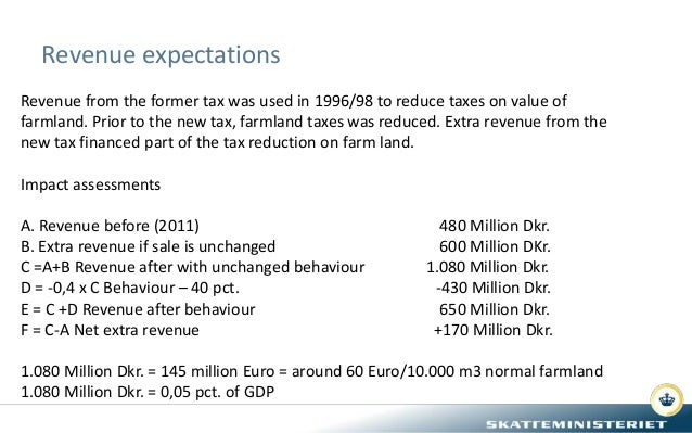 Revenue expectations
Revenue from the former tax was used in 1996/98 to reduce taxes on value of
farmland. Prior to the ne...