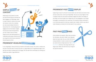 44                                                  15 Business Blogging Mistakes                                                                                                           45
                                                                                                                 15 Business Blogging Mistakes




simple sorting of                                                                                        Prominent post image display
content                                                                                                  A great blog is visual. You shouldn’t knock readers over with blocks and blocks of text
                                                                                                         as soon as they arrive. Look at your blog design. How are you using images to draw
Depending on how prolific of a writer
                                                                                                         in readers? There are many ways to showcase images from posts in the design of
you are and how long your business has
                                                                                                         your blog. It can be as simple as an image next to an intro paragraph on your blog’s
been blogging, your blog design needs
                                                                                                         homepage or something far more customized. The important thing to remember is
to make it easier for visitors to find older
                                                                                                         to not make assumptions on what your readers want. Instead, conduct user tests to
and relevant content. As a marketer,
                                                                                                         collect feedback and determine the best option for your audience.
you have several design elements to
help achieve this, including blog search,
tagging and recommendation widgets.
As with social media sharing buttons,
you don’t need to use all of these.
                                                                                                         Fast Page load times
Organize some user testing sessions to
                                                                                                         Online readers are impatient. When they are looking
understand what people unfamiliar with
                                                                                                         for information, they want it NOW. If your blog post
your blog find to be the best methods for
                                                                                                         takes too long to load, then your visitor will bounce
discovering past content.
                                                                                                         and go elsewhere. In order to prevent this issue,

prominent headline formatting                                                                            you need to test your blog’s load time. This free tool
                                                                                                         from Pindom will tell you how long it takes for your
In your blog design, make sure that your headline is formatted correctly. This means it needs to be      blog to load. Ideally, the load time for your blog will
the star of the show when it comes to the text on a page. Make sure it is significantly larger in font   be under two seconds.
size than the body or subhead text on the page. This may seem like a small detail, but making your
headers pop makes a huge difference!


Share This Ebook!                                                                                                                                                                     Share This Ebook!



www.Hubspot.com                                                                                                                                                                        www.Hubspot.com
 