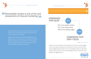 6                                                   15 Business Blogging Mistakes                                                                                                            7
                                                                                                         15 Business Blogging Mistakes




“    Remarkable content is one of the core
     components of inbound marketing.
                                                                                          ”   Companies
                                                                                              that blog                                     GET

                                                                                                                     55% more website visitors
                                                                                                                     97% more inbound links
                                                                                                                     434% more indexed pages
            Creating remarkable content is one of the core components of inbound
            marketing, and one of the best ways to generate a steady flow of fresh
                                                                                                                                                                        than
            content is by publishing a business blog.

            HubSpot research indicates companies that blog generate 55% more                                                                Companies that
            website visitors, 97% more inbound links, and have 434% more indexed
            pages than companies that don’t blog. Still, while many businesses are
                                                                                                                                            don’t blog
            starting to recognize the powerful impact a blog can have on business                                                                                        Source: HubSpot 2009 Study

            success, that doesn’t mean they’re all doing it right.
                                                                                              Whether you’ve only just decided to launch a blog for your business or you’ve been blogging
                                                                                              for a while, this ebook will help prevent you from falling victim to some of the most common
                                                                                              business blogging mistakes and teach you how to fix the blogging mistakes you might already
                                                                                              be guilty of making. Consider it a sort of business blogging first-aid kit, and get ready to start
                                                                                              applying some blogging band-aids!
Share This Ebook!                                                                                                                                                                Share This Ebook!



www.Hubspot.com                                                                                                                                                                    www.Hubspot.com
 