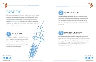 80                                                    15 Business Blogging Mistakes                                                                                        81
                                                                                            15 Business Blogging Mistakes




       easy fix                                                                                     2
                                                                                                 		Calls-to-Action
       Test anything and everything on your blog. Just be sure you test one variable
                                                                                                 There are quite a few variables you can test in terms of your blog’s
       at a time so you can isolate your variables and be certain that the change
                                                                                                 calls-to-action, including placement, size, format, color, and language.
       occurred because of that one tweak. Furthermore, make sure your tests
                                                                                                 Test them all with the goal of maximizing the click-through rates of
       produce statistically significant results before you implement the effective
                                                                                                 your blog’s calls-to-action. More click-throughs will likely lead to more
       changes on your blog. Here are three variables that are easy to test on your
                                                                                                 conversions!
       blog that can greatly improve its performance.




       		
           1        Blog Titles 	                                                                   3
                                                                                                 		Blog Design/Layout
                                                                                                 How does your blog’s design and layout impact its performance? Are
       Do actionable titles perform better than titles in the
                                                                                                 visitors turned off by too much sidebar clutter? Are the colors and visual
       form of a question? Does the inclusion of numbers
                                                                                                 elements making readers less likely to click on your top banner calls-
       in titles generate more page views? Do certain
                                                                                                 to-action? Are they finding it difficult to locate your blog’s ‘subscribe’
       words elicit greater or fewer views? Try different
                                                                                                 button? Test different versions of your blog’s design and layout to
       methods of structuring your blog titles to see which
                                                                                                 optimize for views and leads.
       resonates with your audience best.




Share This Ebook!                                                                                                                                                    Share This Ebook!



www.Hubspot.com                                                                                                                                                       www.Hubspot.com
 
